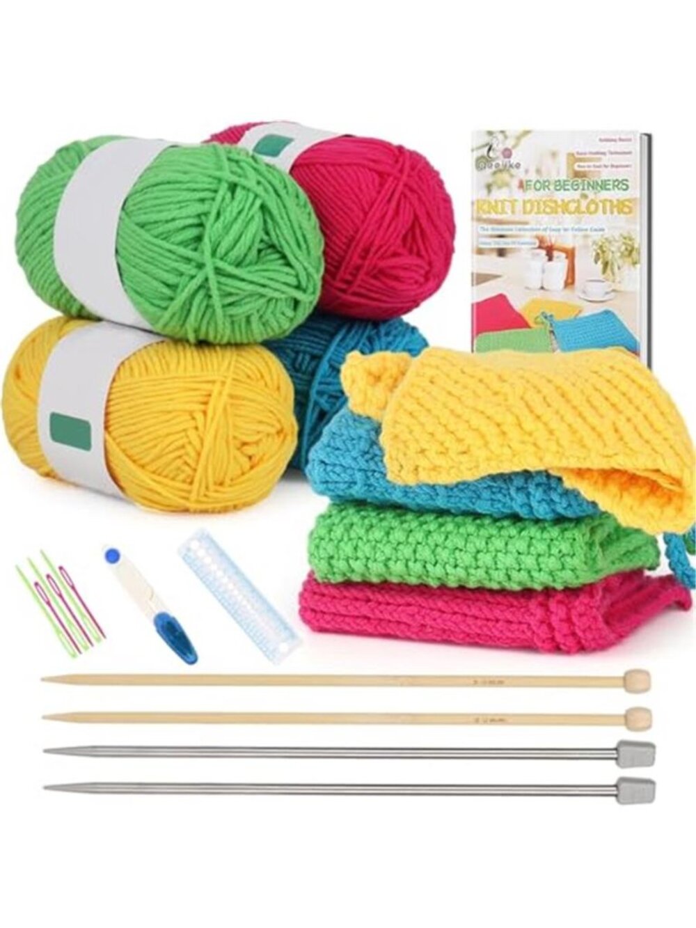 Complete Beginner Knitting Kit Knitting Needles Cotton Yarn Dishcloth Set Adults